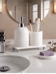 Banyo Traverten Sabunluk Seti Gümüş Renk Doğal Traverten Mermer Diş Fırçalık ve Sıvı Sabunluk Seti
