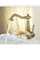 Eskitme Lavabo Bataryası Antik Lavabo Musluğu İşlemeli Vintage Tasarım Banyo Musluğu