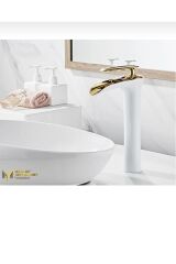 Çanak Lavabo Bataryası Gold Beyaz Şelale Lavabo Musluğu Naturel Akışlı Batarya