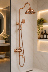 Mat Bakır Bronz Duş Sistemi Royal Tepe Yağmurlama Retro Bronz Duş Seti Alt Armatür Dahil Komple Duş Seti Fırçalanmış Bakır