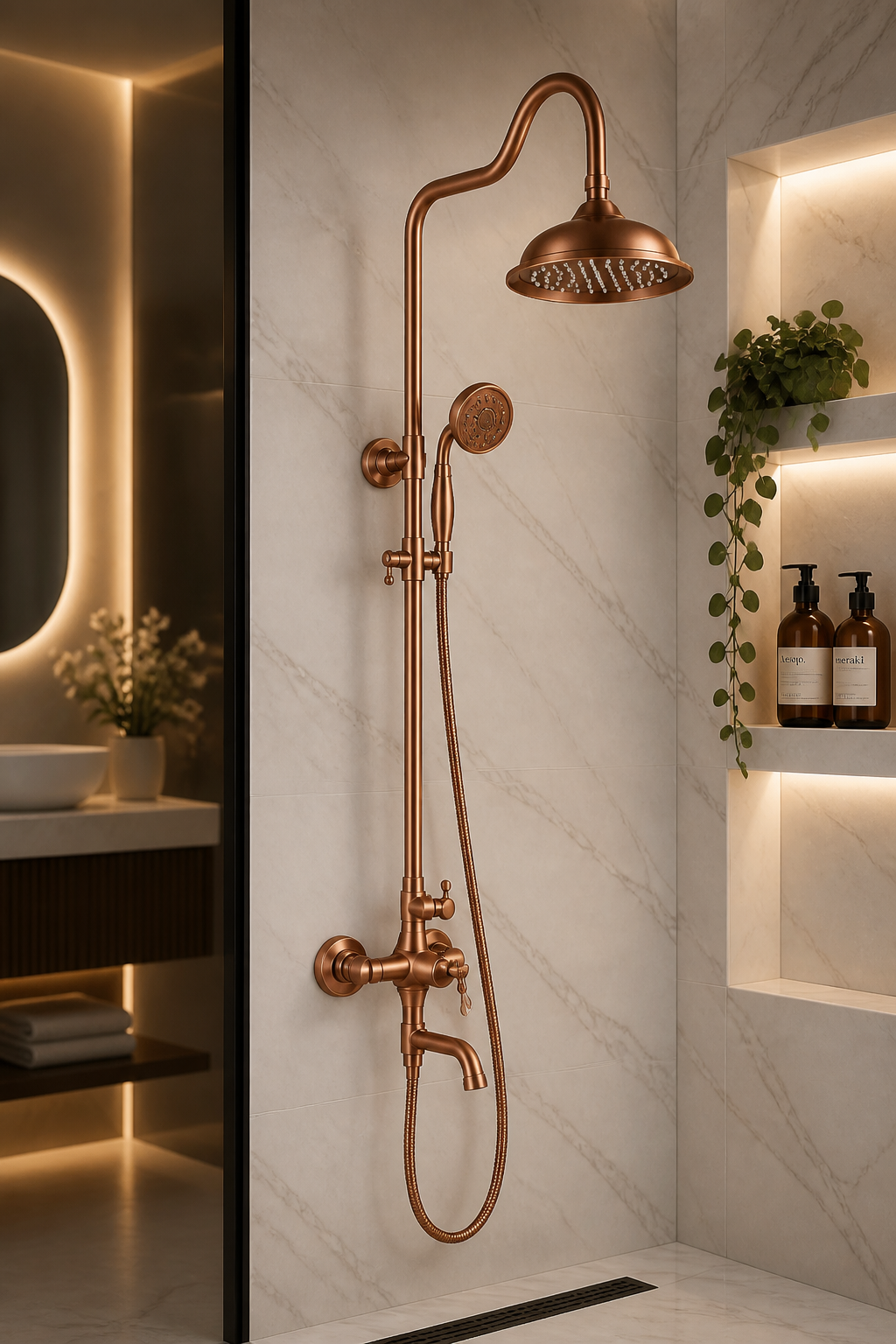 Mat Bakır Bronz Duş Sistemi Royal Tepe Yağmurlama Retro Bronz Duş Seti Alt Armatür Dahil Komple Duş Seti Fırçalanmış Bakır