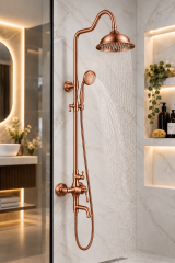 Mat Bakır Bronz Duş Sistemi Royal Tepe Yağmurlama Retro Bronz Duş Seti Alt Armatür Dahil Komple Duş Seti Fırçalanmış Bakır