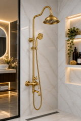 Mat Gold Rustik Duş Sistemi Royal Tepe Yağmurlama Retro Gold Duş Seti Alt Armatür Dahil Komple Duş Seti Fırçalanmış Gold
