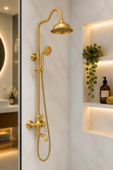 Mat Gold Rustik Duş Sistemi Royal Tepe Yağmurlama Retro Gold Duş Seti Alt Armatür Dahil Komple Duş Seti Fırçalanmış Gold