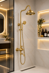 Mat Gold Rustik Duş Sistemi Royal Tepe Yağmurlama Retro Gold Duş Seti Alt Armatür Dahil Komple Duş Seti Fırçalanmış Gold