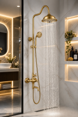 Mat Gold Rustik Duş Sistemi Royal Tepe Yağmurlama Retro Gold Duş Seti Alt Armatür Dahil Komple Duş Seti Fırçalanmış Gold
