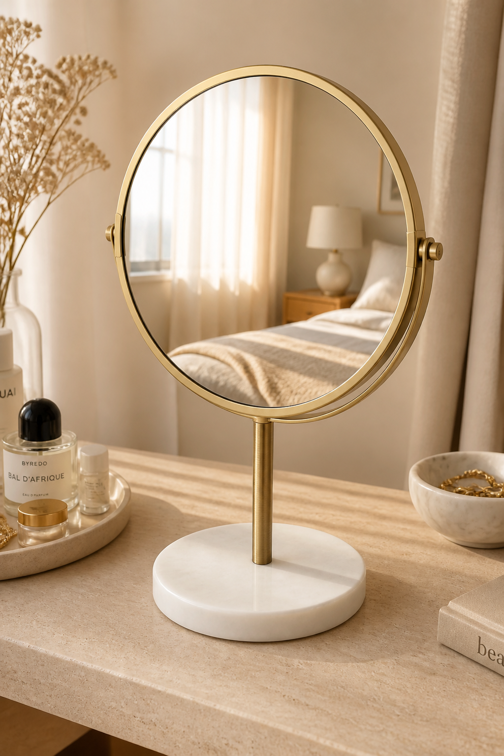 Mat Gold Makyaj Aynası 360 Dönebilen Mat Altın Fırçalanmış Makyaj ve Dekoratif Ayna Pirinç Materyal