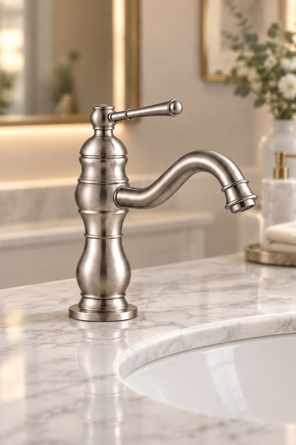 Mat Krom Retro Lavabo Bataryası Fırçalanmış Nikel Rustik Lavabo Armatürü Pirinç Materyal