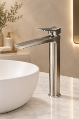 Mat Krom Çanak Lavabo Bataryası Kare Modern Tasarım Yüksek Model Fırçalanmış Nikel Armatür