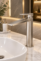 Mat Krom Çanak Lavabo Bataryası Kare Modern Tasarım Yüksek Model Fırçalanmış Nikel Armatür