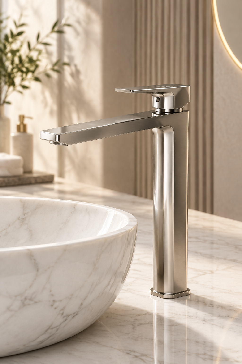 Mat Krom Çanak Lavabo Bataryası Kare Modern Tasarım Yüksek Model Fırçalanmış Nikel Armatür