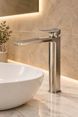 Mat Krom Çanak Lavabo Bataryası Kare Modern Tasarım Yüksek Model Fırçalanmış Nikel Armatür