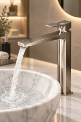 Mat Krom Çanak Lavabo Bataryası Kare Modern Tasarım Yüksek Model Fırçalanmış Nikel Armatür