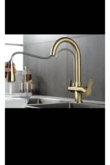 Arıtmalı Spiralli Mutfak Bataryası Mat Gold Evye Musluğu Arıtmalara Uygun Mat Altın Batarya Spiralli