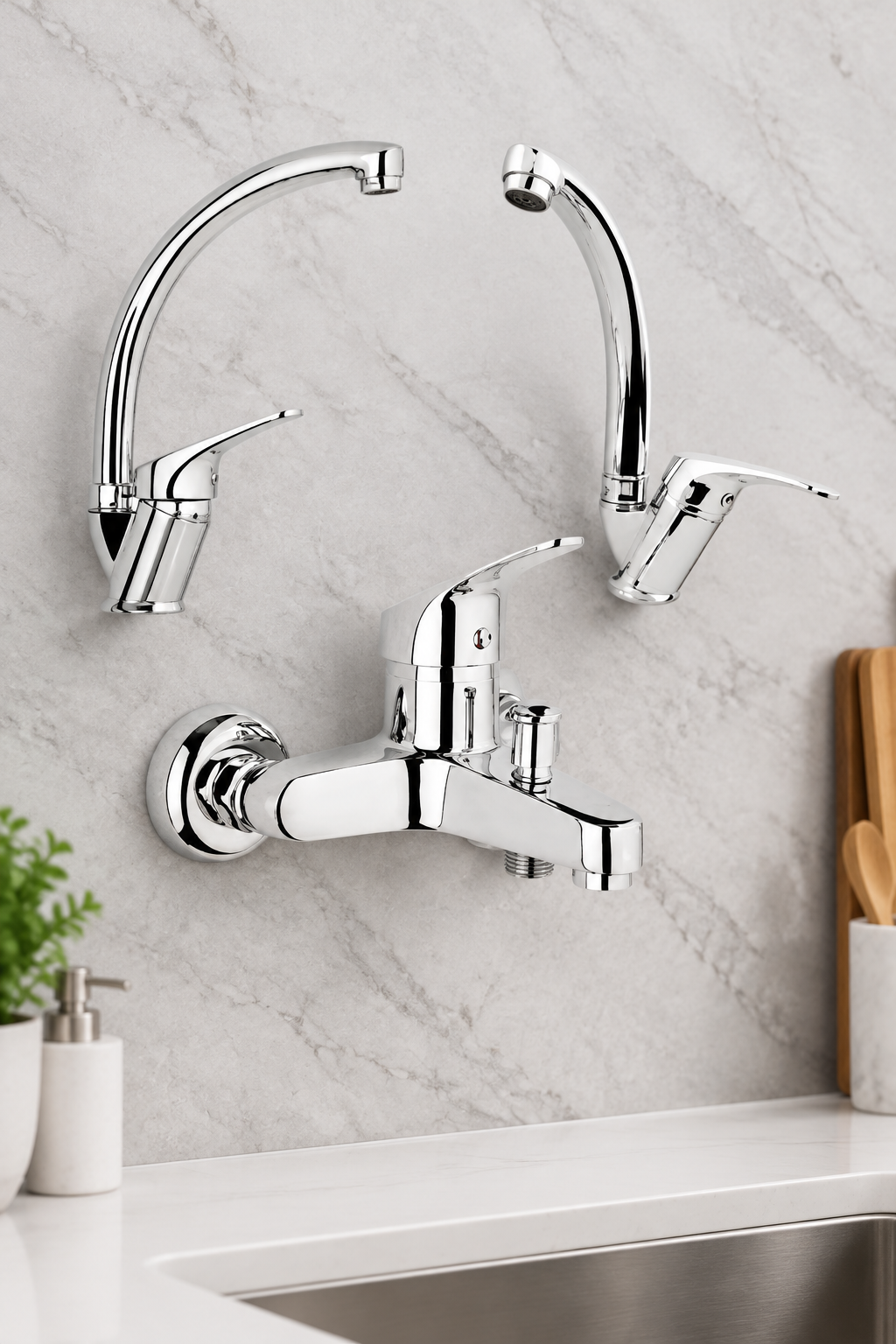 Mutfak Banyo ve Lavabo Bataryası Üçlü Komple Set Armatür Pirinç Materyal Paslanmaz 5 Yıl Garantili