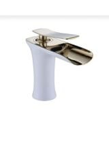 Lavabo Bataryası Gold Beyaz Lavabo Musluğu Şelale Akışlı Naturel Batarya Altın Beyaz