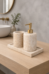 Mat Gold Traverten Mermer Sıvı Sabunluk ve Diş Fırçalık Mat Altın Aksesuar Doğal Traverten Mermer Banyo Seti