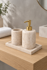 Mat Gold Traverten Mermer Sıvı Sabunluk ve Diş Fırçalık Mat Altın Aksesuar Doğal Traverten Mermer Banyo Seti