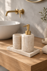 Mat Gold Traverten Mermer Sıvı Sabunluk ve Diş Fırçalık Mat Altın Aksesuar Doğal Traverten Mermer Banyo Seti