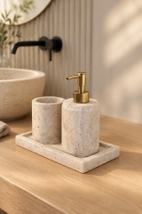 Mat Gold Traverten Mermer Sıvı Sabunluk ve Diş Fırçalık Mat Altın Aksesuar Doğal Traverten Mermer Banyo Seti