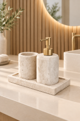 Mat Gold Traverten Mermer Sıvı Sabunluk ve Diş Fırçalık Mat Altın Aksesuar Doğal Traverten Mermer Banyo Seti