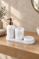 Antik Bakır Bronz Beyaz Mermer Sabunluk Diş Fırçalık ve Katı Sabunluk Seti Bronze Aksesuar El Yapımı Özel Mermer Banyo Seti