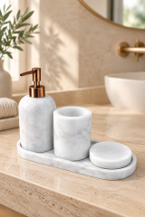 Antik Bakır Bronz Beyaz Mermer Sabunluk Diş Fırçalık ve Katı Sabunluk Seti Bronze Aksesuar El Yapımı Özel Mermer Banyo Seti