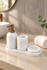 Antik Bakır Bronz Beyaz Mermer Sabunluk Diş Fırçalık ve Katı Sabunluk Seti Bronze Aksesuar El Yapımı Özel Mermer Banyo Seti