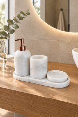 Antik Bakır Bronz Beyaz Mermer Sabunluk Diş Fırçalık ve Katı Sabunluk Seti Bronze Aksesuar El Yapımı Özel Mermer Banyo Seti