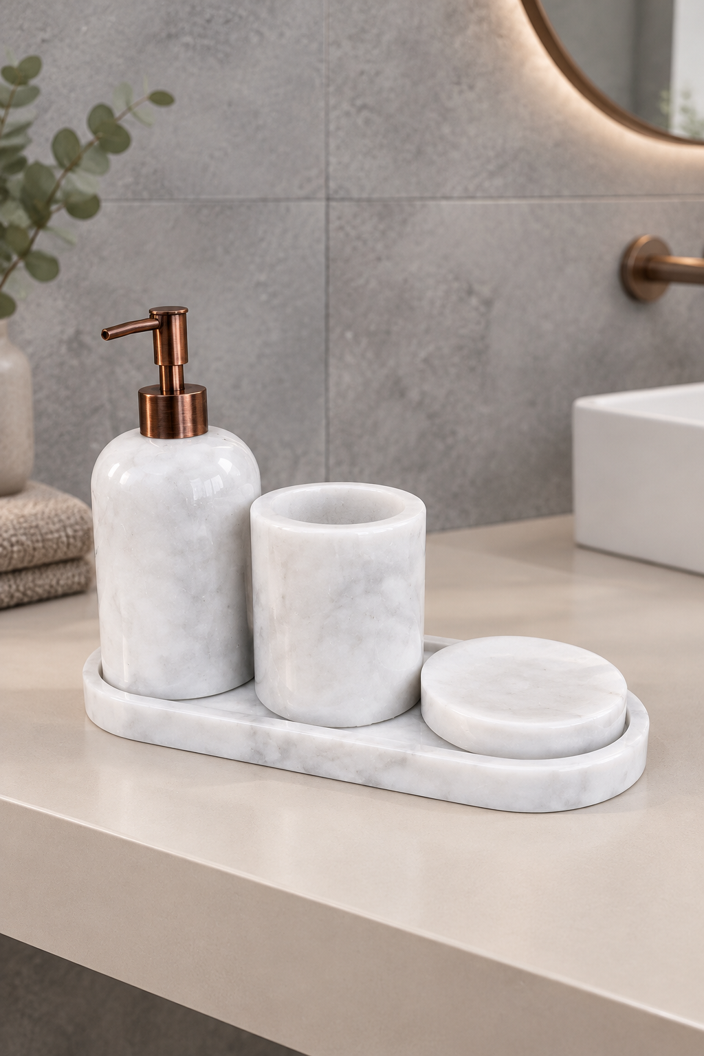 Antik Bakır Bronz Beyaz Mermer Sabunluk Diş Fırçalık ve Katı Sabunluk Seti Bronze Aksesuar El Yapımı Özel Mermer Banyo Seti