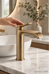 Mat Gold Lavabo Bataryası Modern Tasarım Valero Fırçalanmış Altın Lavabo Armatürü Leke Tutmaz