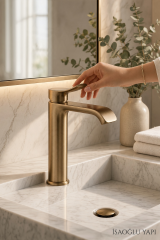 Mat Gold Lavabo Bataryası Modern Tasarım Valero Fırçalanmış Altın Lavabo Armatürü Leke Tutmaz