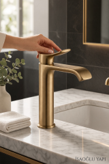 Mat Gold Lavabo Bataryası Modern Tasarım Valero Fırçalanmış Altın Lavabo Armatürü Leke Tutmaz