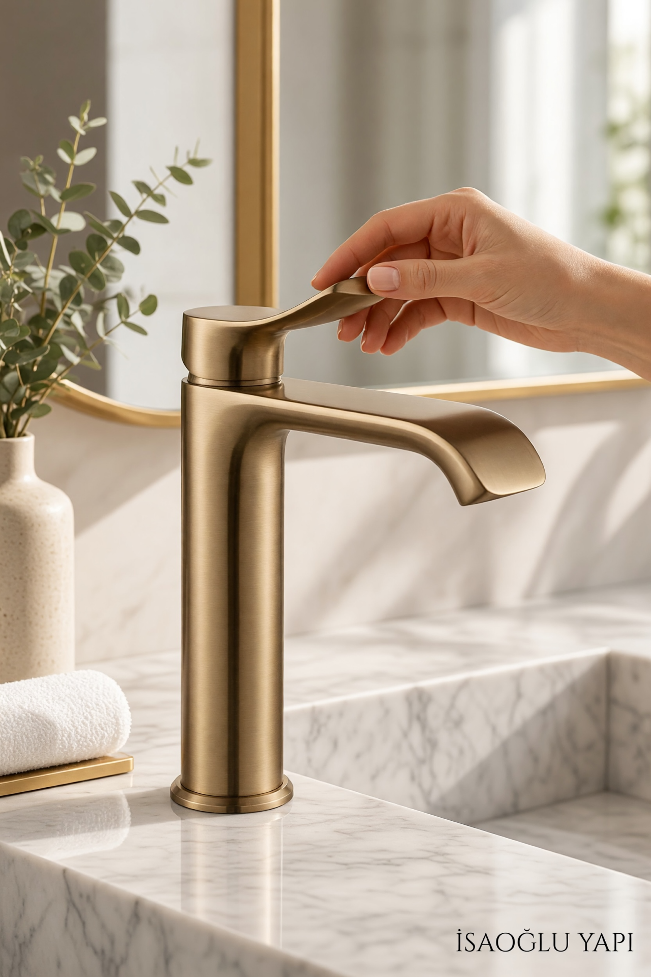 Mat Gold Lavabo Bataryası Modern Tasarım Valero Fırçalanmış Altın Lavabo Armatürü Leke Tutmaz