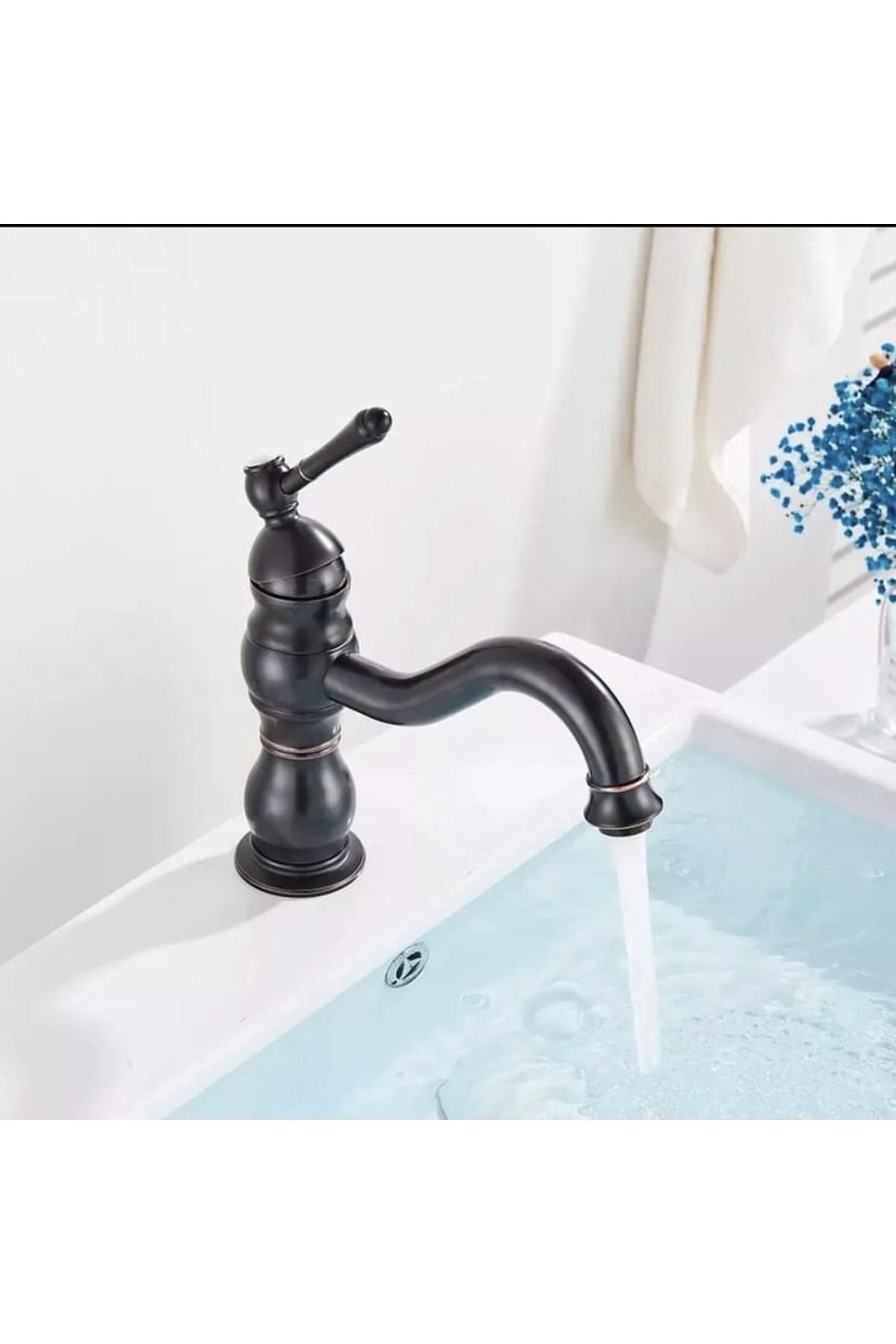 Siyah Lavabo Bataryası Vintage Tasarım Banyo Musluğu Siyah Armatür