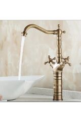 Antik Gold Çanak Lavabo Bataryası Country Tasarım Lavabo Bataryası Çanak Musluğu Mat Gold