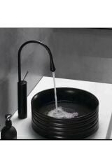 Siyah Çanak Lavabo Bataryası Modern Tasarım Banyo Bataryası Drop Design Siyah Çanak Batarya Uzun