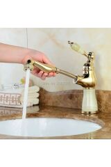 Gold Spiralli Lavabo Bataryası Vintage Tasarım Mermerli Spiralli Lavabo Musluğu
