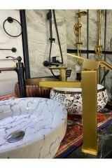 Mat Gold Çanak Lavabo Bataryası Altın Kare Lavabo Musluğu Fırçalanmış Mat Altın