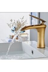 Antik Gold Lavabo Bataryası Şelale Musluk Mat Gold Doğal Akışlı Lavabo Musluğu