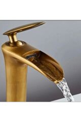 Antik Gold Lavabo Bataryası Şelale Musluk Mat Gold Doğal Akışlı Lavabo Musluğu