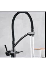 Siyah Arıtmalı Spiralli Batarya Uzayan Sistem Mutfak Musluğu Arıtıcılı Batarya Mat Siyah Renk