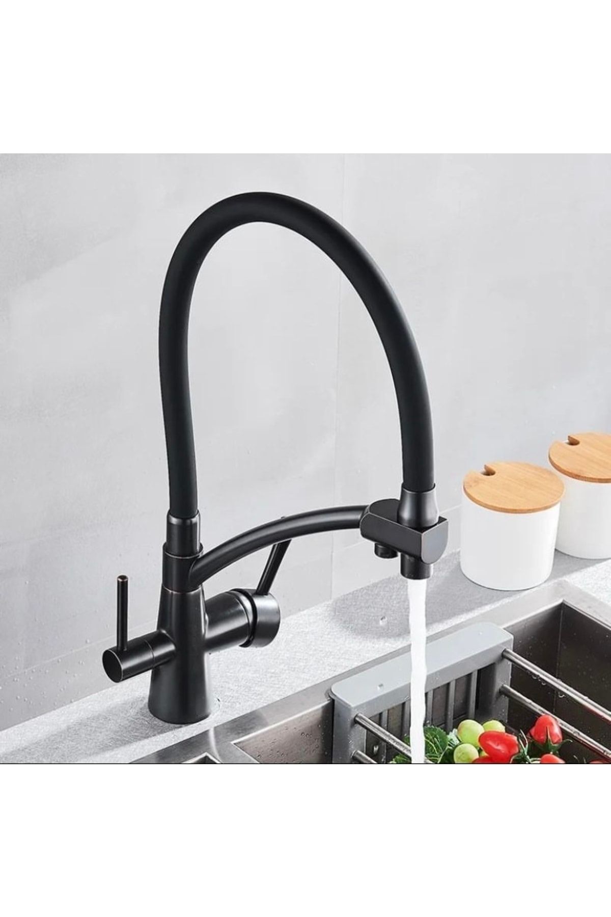 Siyah Arıtmalı Spiralli Batarya Uzayan Sistem Mutfak Musluğu Arıtıcılı Batarya Mat Siyah Renk