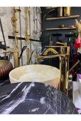 Gold Çanak Lavabo Bataryası Altın Çanak Musluğu Kare Slim Tasarım Çanak Bataryası Parlak Gold