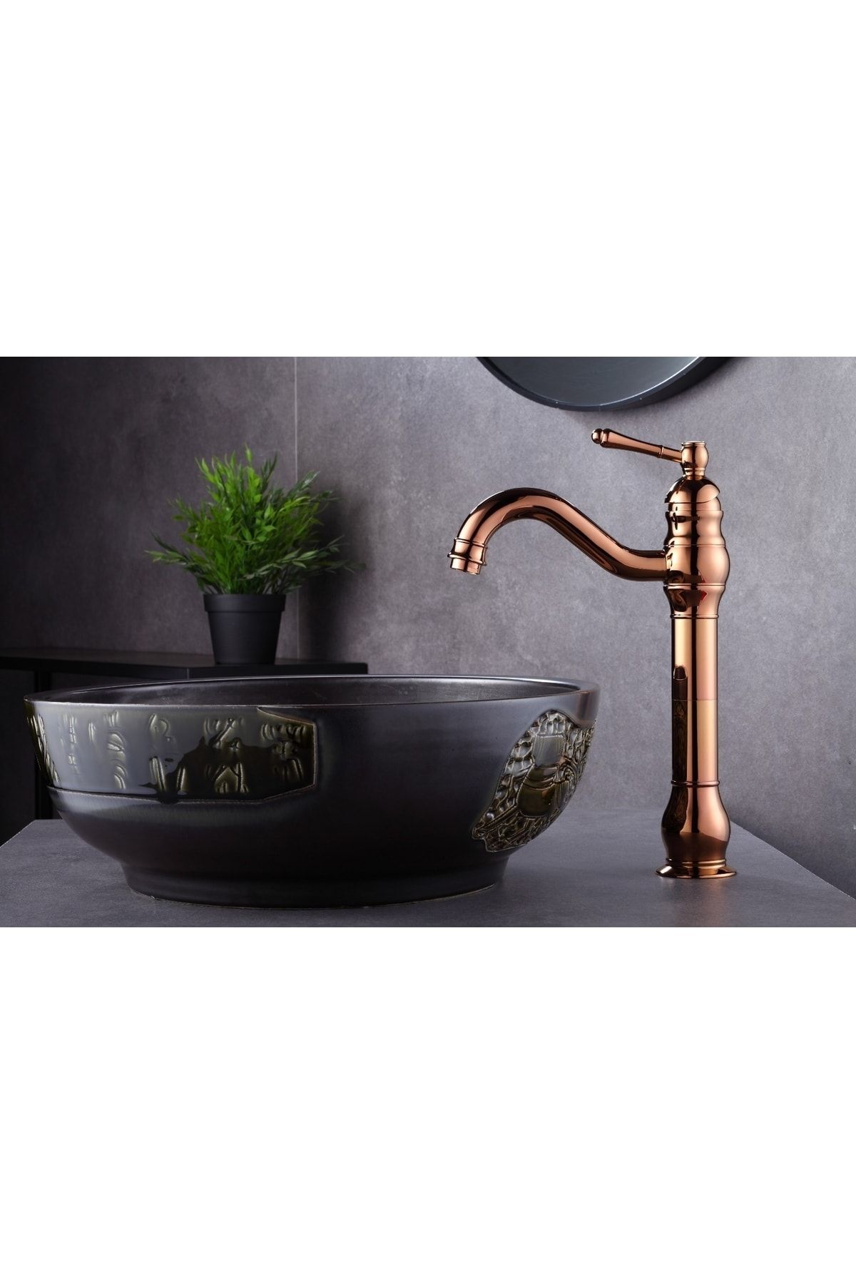 Bakır Çanak Lavabo Bataryası Bronz Lavabo Musluğu Polina Çanak Batarya Rose Bakır Musluk