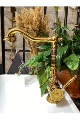 Altın Rustik Mutfak Bataryası Musluk Gold Premium Işlemeli Rustik Evye Bataryası