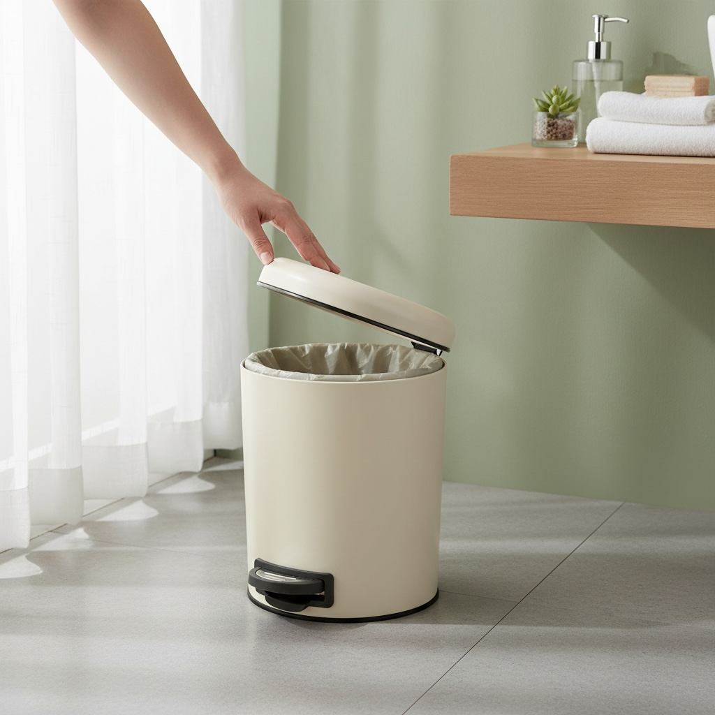 Bej Renk Çöp Kovası Paslanmaz Çelik Krem Bej Banyo Çöp Kovası Yavaş Kapanan Model