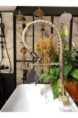 Parlak Gold Endüstriyel Oynar Başlıklı Mutfak Bataryası Altın Evye Musluğu Gold Mutfak Bataryası