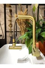 Antik Gold Spiralli Mutfak Bataryası Mat Gold Spiralli Evye Musluk Mat Altın Oynar Başlıklı Batarya