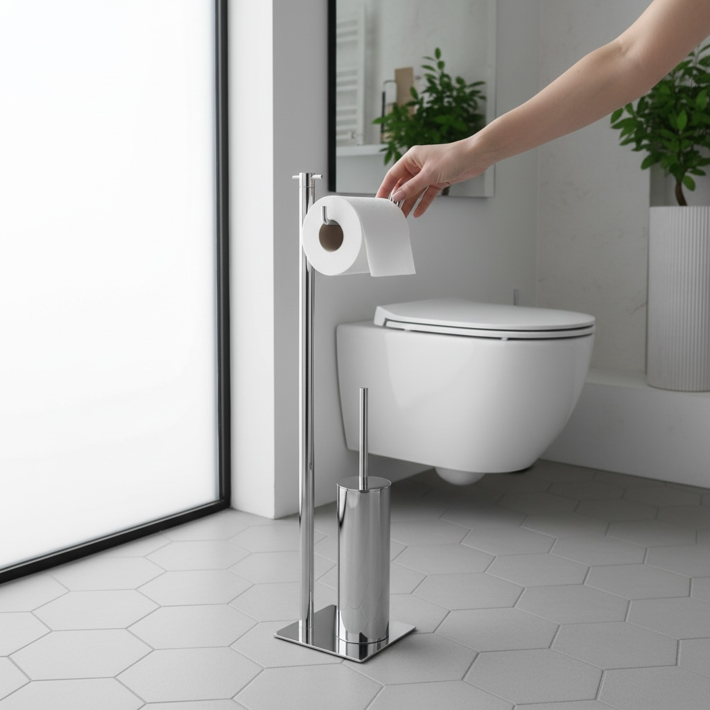 Gümüş Klozet Fırçası Seti Ayaklı Tasarım Tuvalet Kağıtlık ve Klozet Fırçası Pirinç Paslanmaz Malzeme